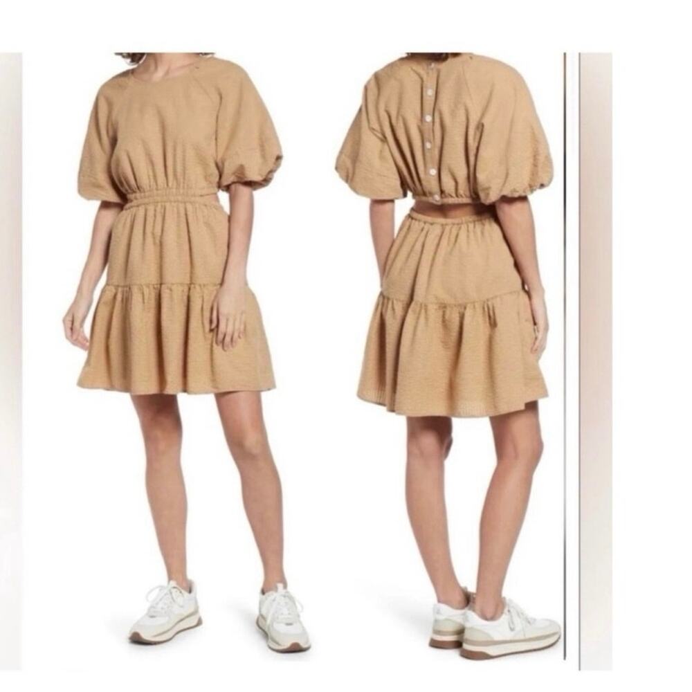 Madewell Seersucker Puff-Sleeve Cutout Dress Tiered Short Scoop Neck Size M
